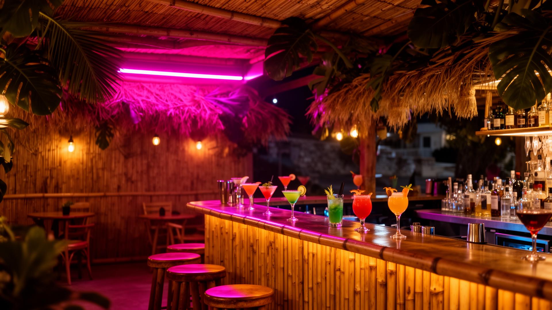 Tiki Bar Athens interior with neon lights and bamboo bar